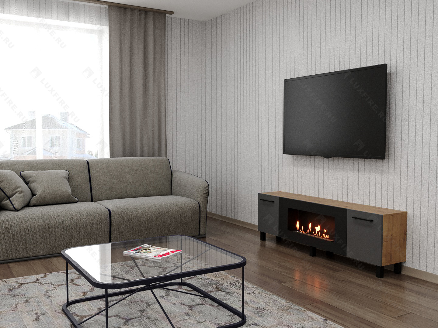 Тумба универсальная Lux Fire "Байкал Р" с ножками 1600, дуб вотан/графит матовый с биокамином 900 по цене 72 954 руб.