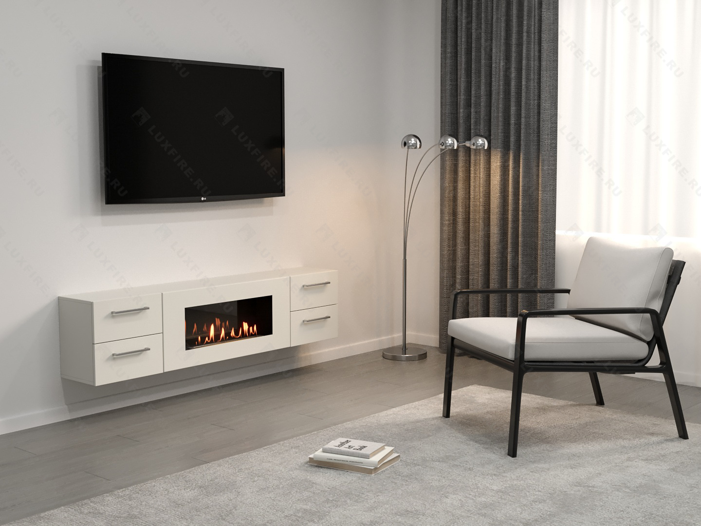 Тумба ТВ Lux Fire "Белая Роза" настенная 1700, с белым биокамином по цене 105 906 руб.